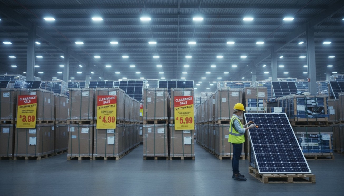 Solar module warehouse inventory pressure with clearance stock showing how low prices may reflect oversupply old inventory or product transition risk